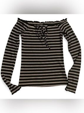 Aeropostale Black and White Striped Off-Shoulder Lace-Up Long Sleeve Top